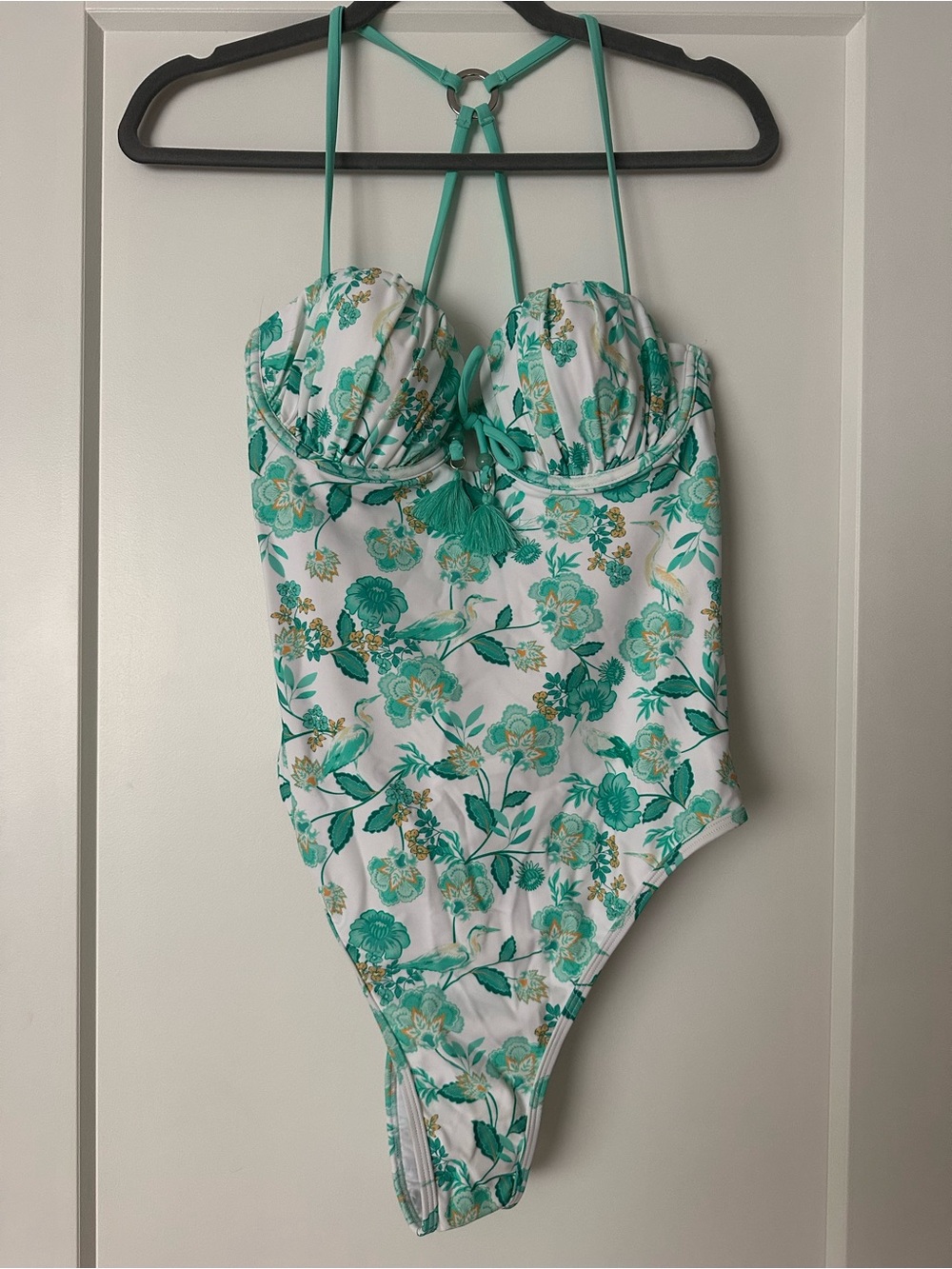 NWT Cupshe White One-Piece Swimsuit with Green Floral Print